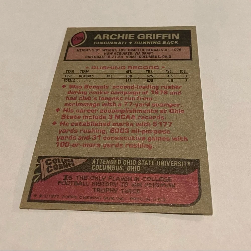 Archie Griffin RC Rookie 1977 Topps Football Card Vintage